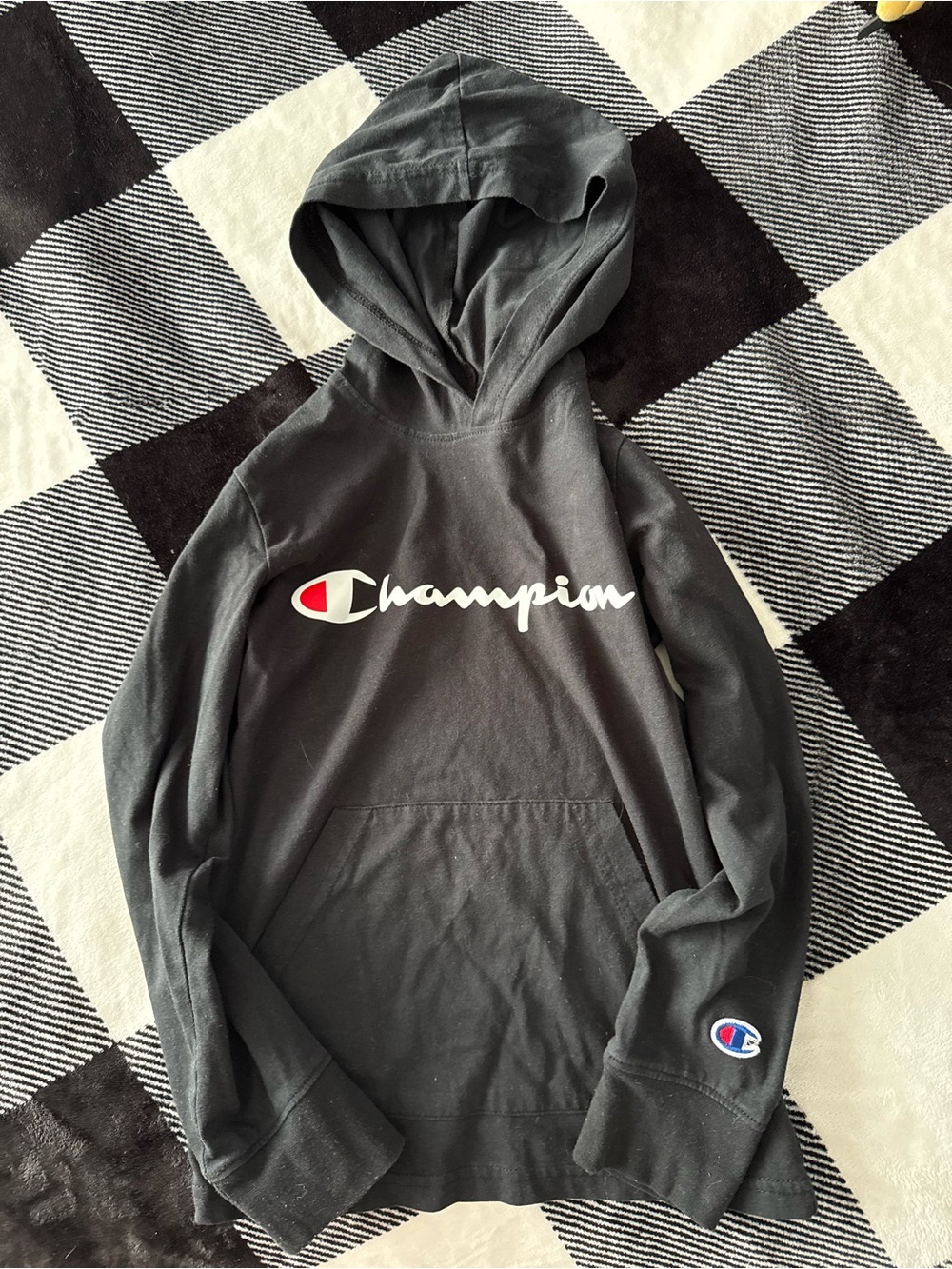 Champion Black Hoodie with White Script and Red Logo Accent - Kids